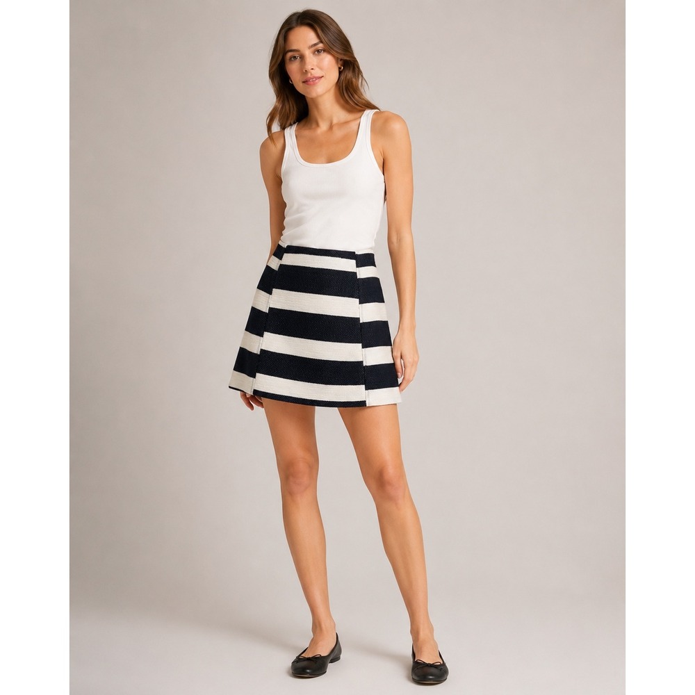 Ann Taylor LOFT Navy Blue White‎ Striped Tweed Mini Skirt Size 10 A-Line Lined